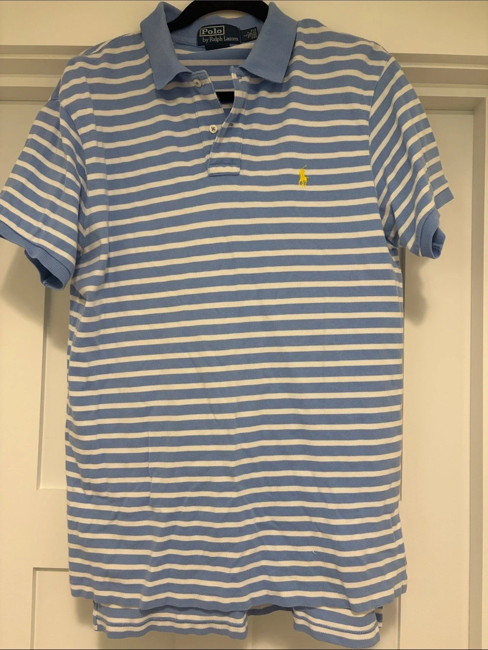 Polo by Ralph Lauren Blue and White Striped Polo with Yellow Pony